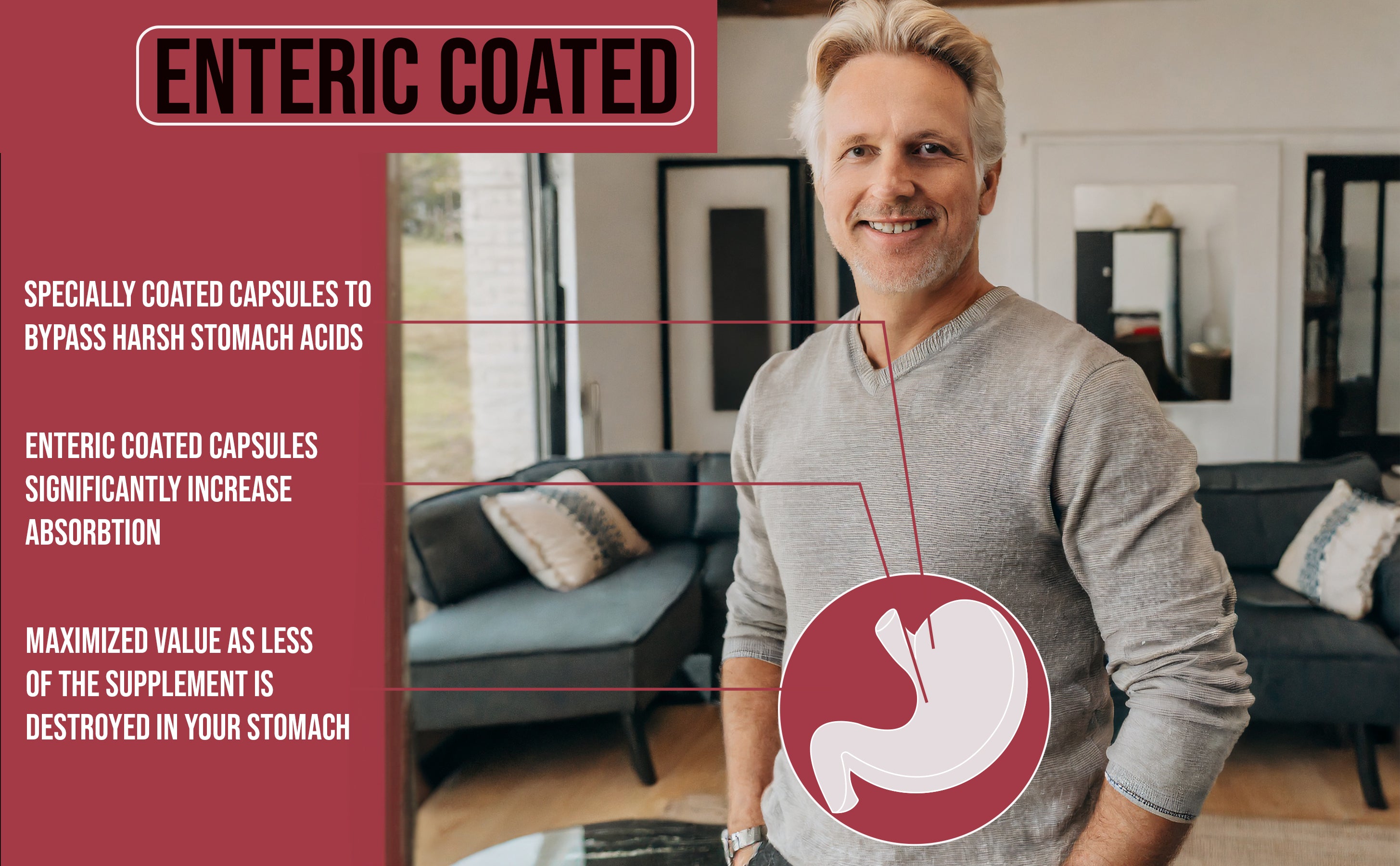 A man standing in his apartment that takes a natural supplement that is a delayed release capsule.  Plus it is a natural statin a natural alternative to statins and it is lowering cholesterol without statins.