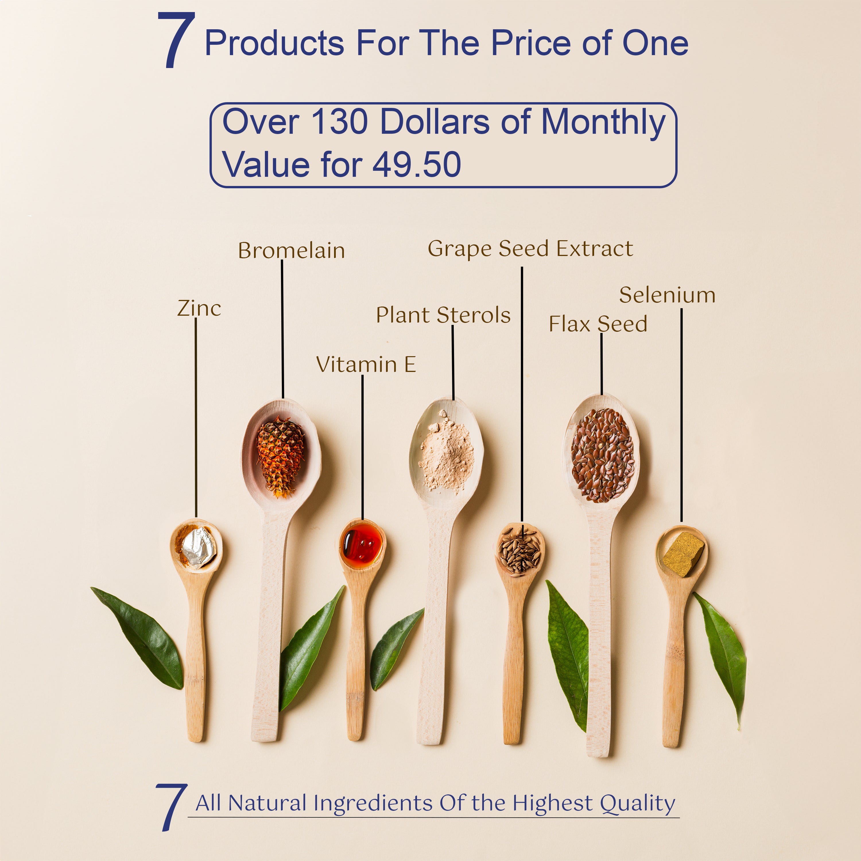 Seven Spoons with various natural supplements on them. the best allergy medicine, best otc allergy medicines, zinc, bromelain, vitamin e, plant sterols, grape seed extract, flax seed extract, selenium