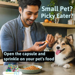 A happy man giving a pet supplement to his dog to help with pet immunity, pet vitamins, hot spots and itchiness.