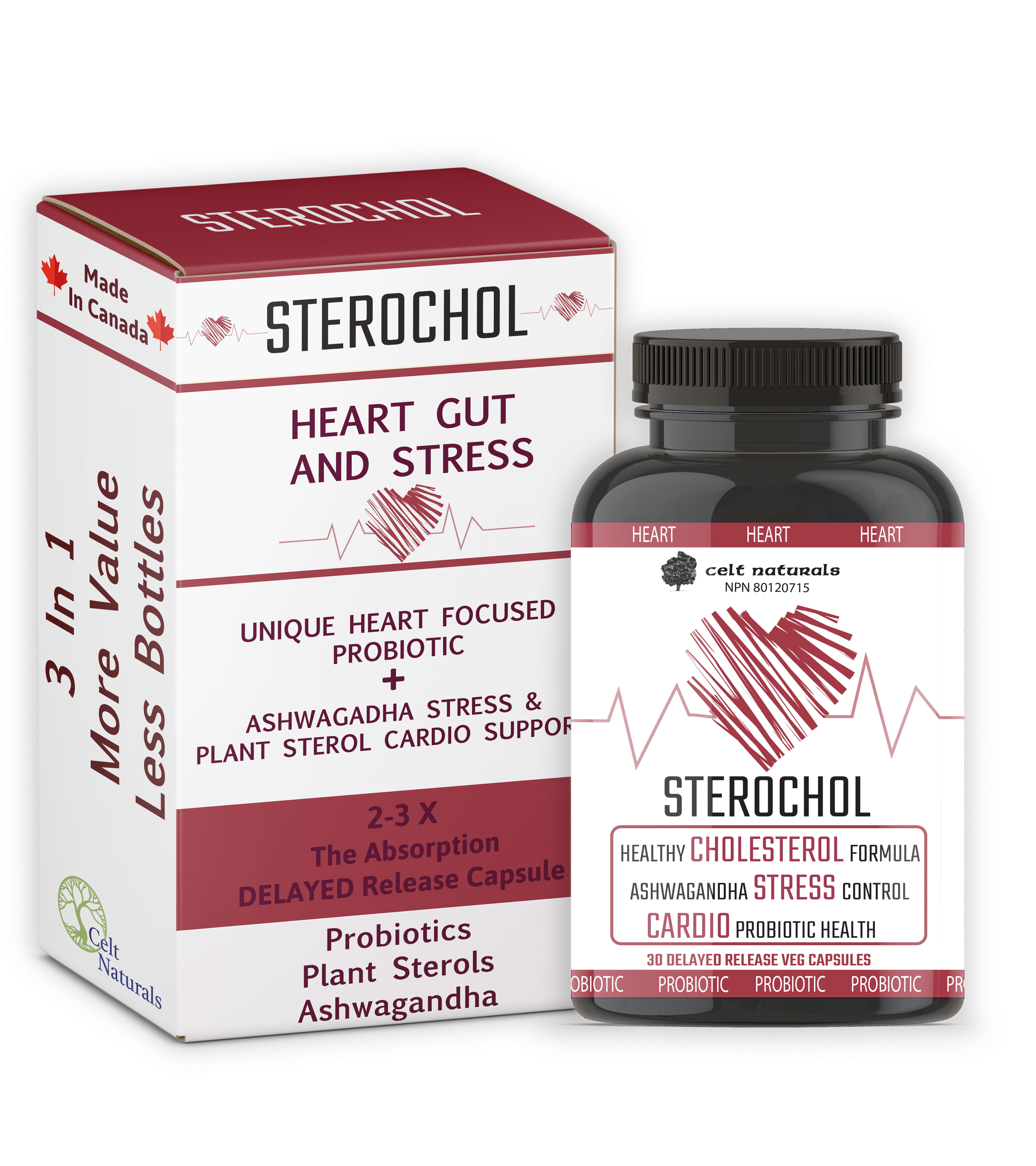 A Natural Supplement bottle and box that is a Statin Substitute, Heart Probiotic and Plant sterol with Ashwagandha