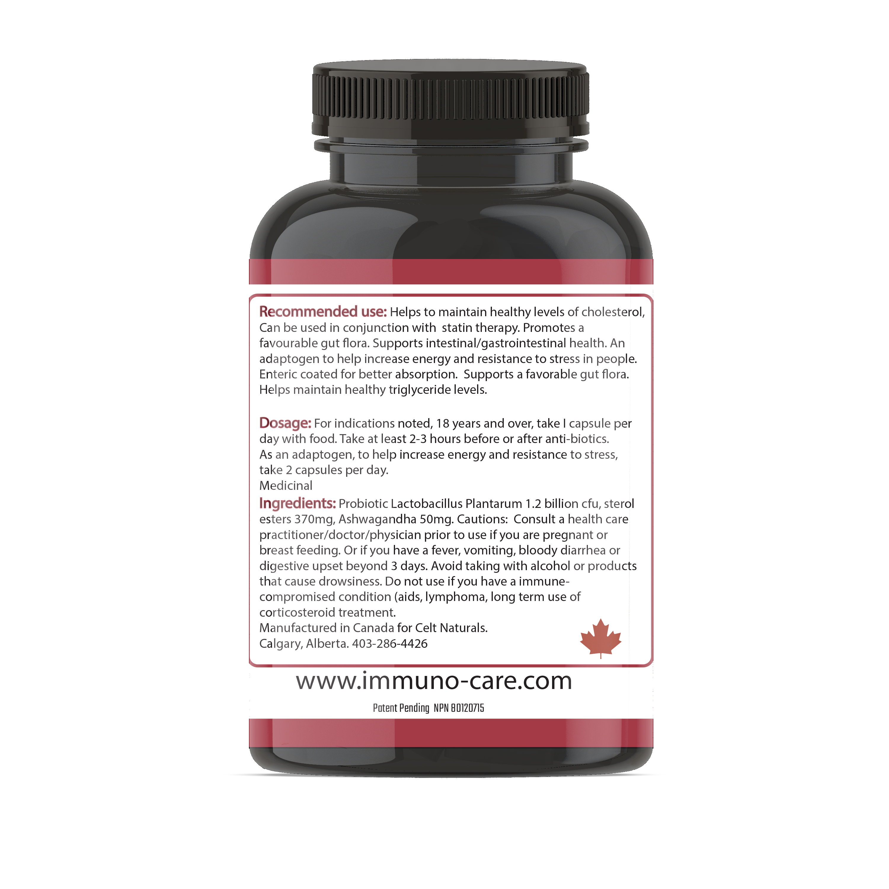 A Natural Supplement bottle and box that is a Statin Substitute, Heart Probiotic and Plant sterol with Ashwagandha