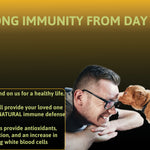 A man laying on the floor with his puppy licking his forehead. Pet immunity, pet vitamins, hot spots and itchiness.