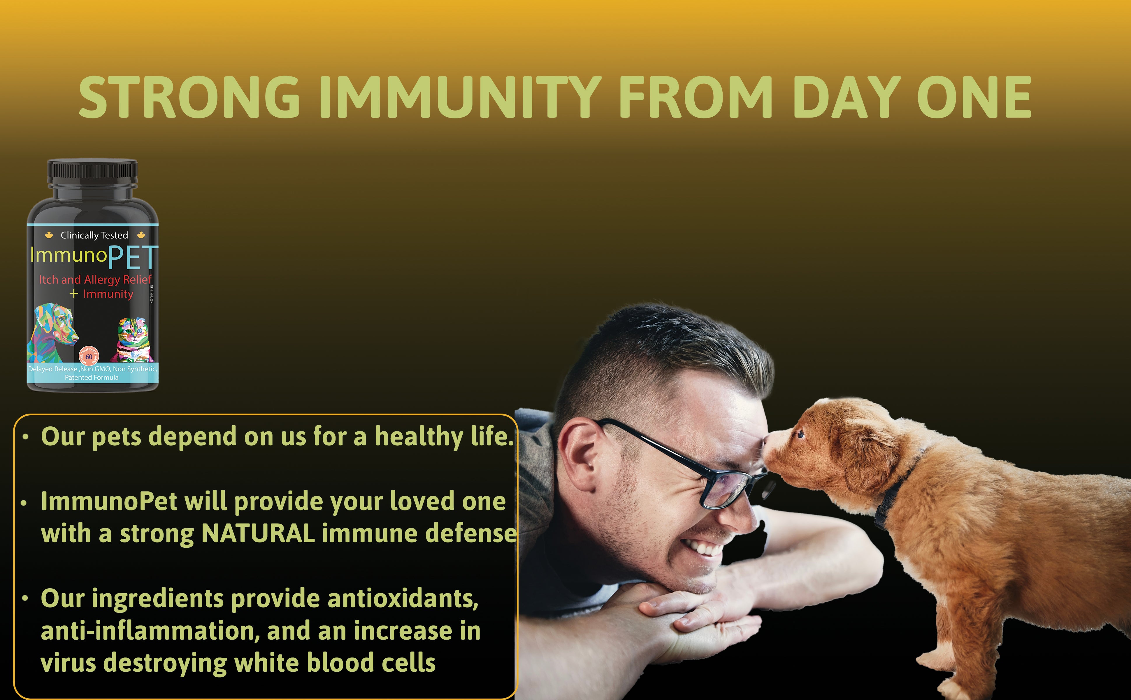 A man laying on the floor with his puppy licking his forehead. Pet immunity, pet vitamins, hot spots and itchiness.