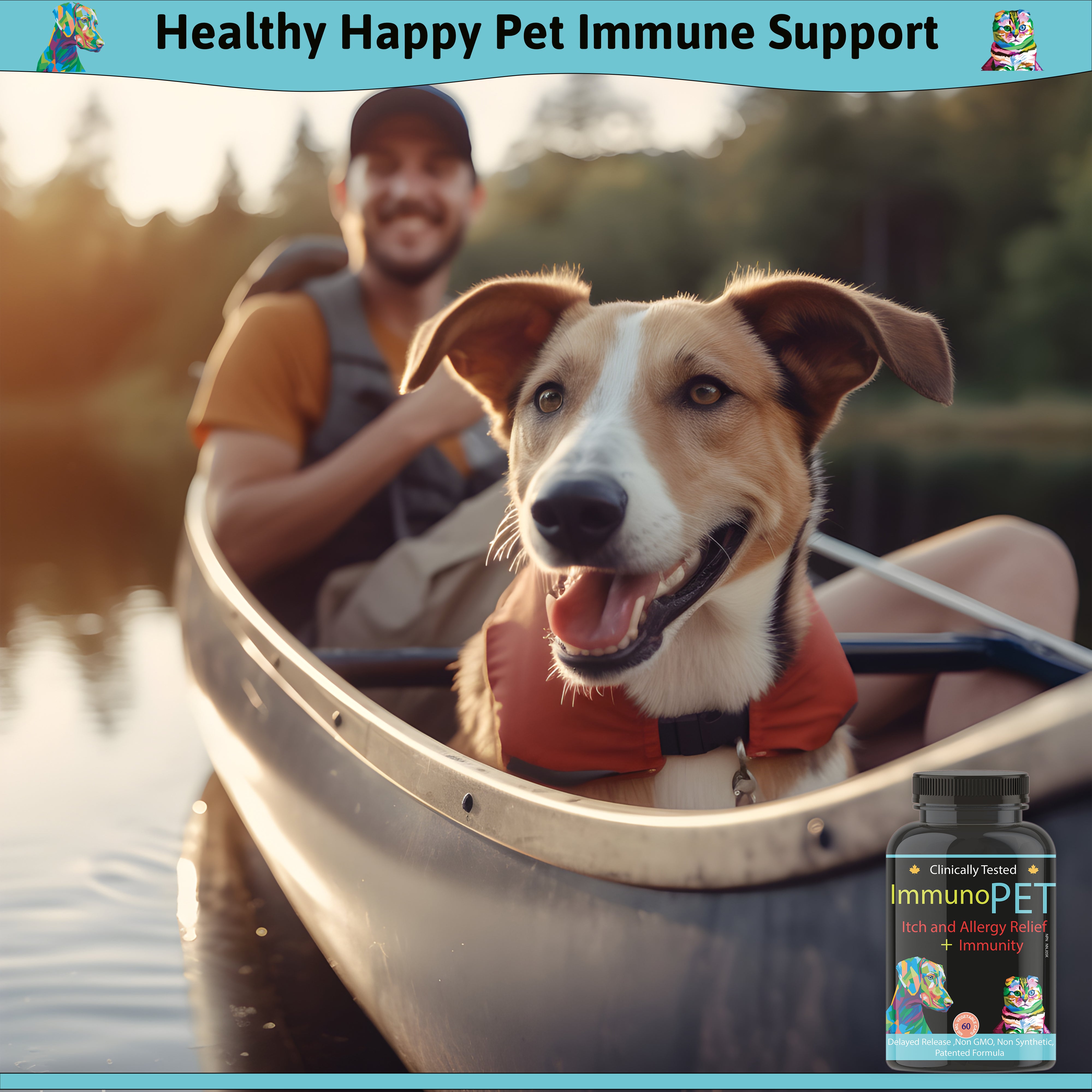 A man in a boat with his dog enjoying nature. Pet immunity, pet vitamins, hot spots and itchiness.