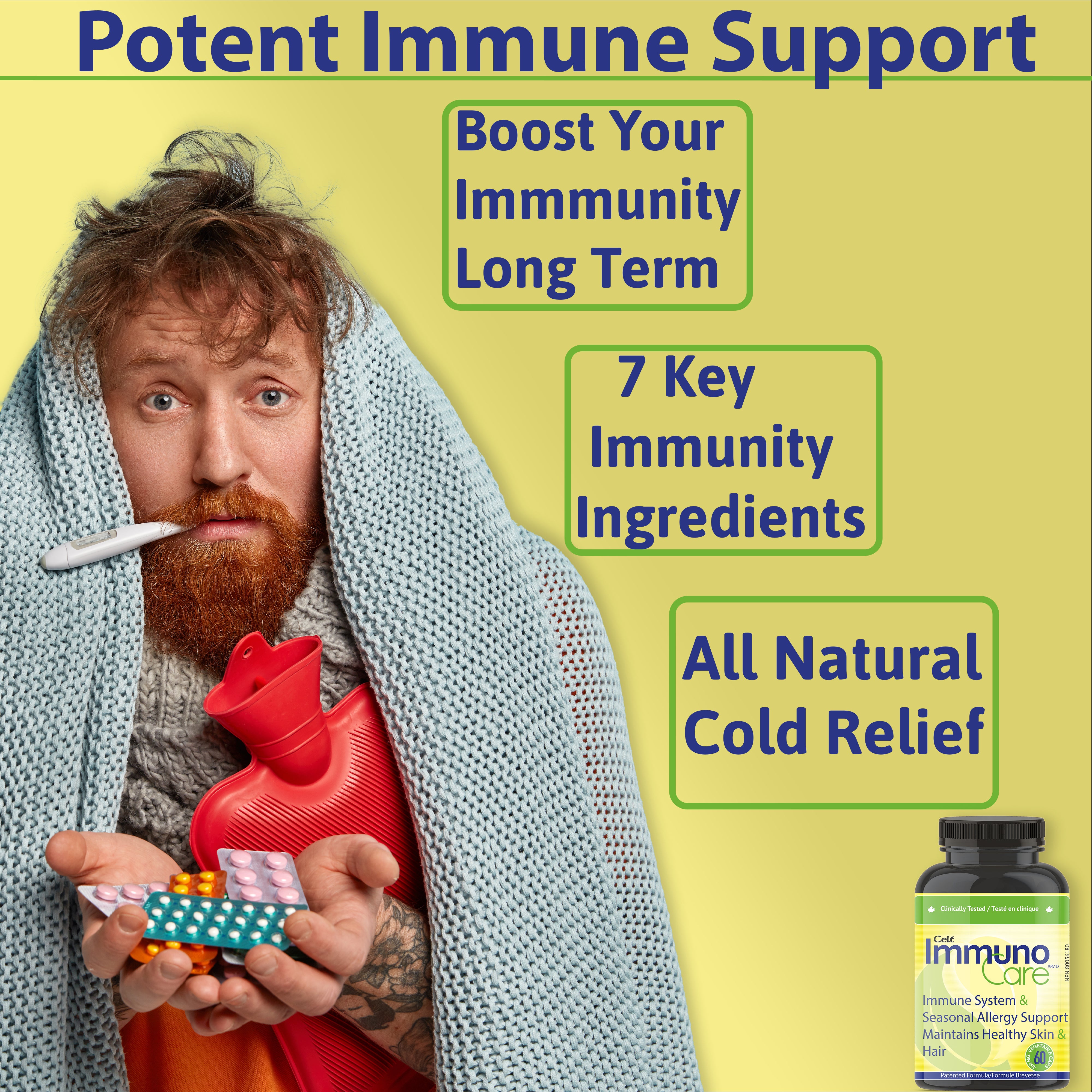 Man holding medicine and having blanket around him he has a cold.  all natural cold relief, Boost your immunity, natural Immunity Supplement.