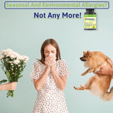 Woman wearing a dress while blowing her nose with someone handing her flowers and a dog.   fight seasonal allergies with Immuno-care best etc medicine for allergies, natural remedies allergies.