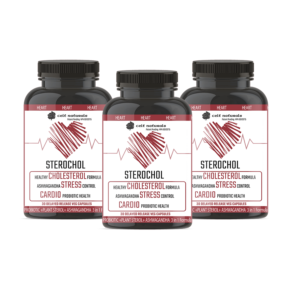 Three bottles of Sterochol supplement on a white background
